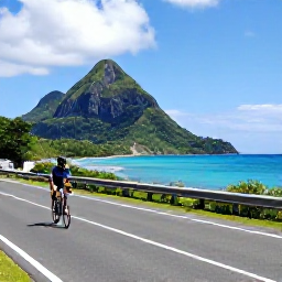 Caribbean Holidays, November Cycling, Cyclist riding along a quiet coastal road on Saint Vincent, with turquoise sea, green hills and bright Caribbean sunshine