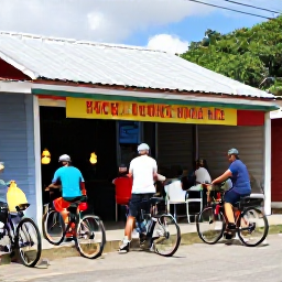 Caribbean Holidays, November Cycling, Cyclists stopping at a friendly Caribbean roadside caf&eacute; in Trinidad and Tobago, with bicycles, tropical fruit and local food