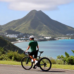 Caribbean Holidays, November Cycling, Road cyclist pausing at a scenic viewpoint above Kingstown, Saint Vincent, overlooking the harbour and surrounding green mountains