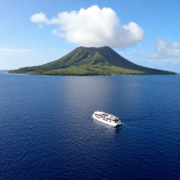 Caribbean Holidays, November Diving, A dive boat heading towards a volcanic island coastline with calm blue Caribbean Sea and green hills