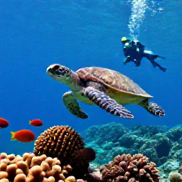 Caribbean Holidays, November Diving, A sea turtle swimming above coral, with colourful tropical fish and a scuba diver in the background