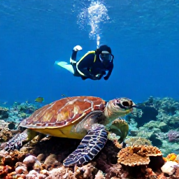 Caribbean Holidays, November Diving, Diver swimming above a healthy Caribbean reef with sea turtles, tropical fish and soft corals