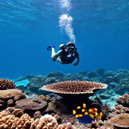 Caribbean Holidays, November Diving, Diver swimming above coral gardens with tropical fish near a Caribbean island coastline