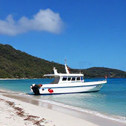 Caribbean Holidays, November Diving, Friendly dive boat moored beside a sandy beach and green hills in the British Virgin Islands on a sunny November day