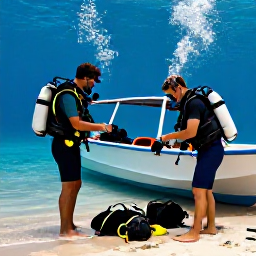 Caribbean Holidays, November Diving, Friendly scuba divers preparing equipment beside a small boat at a Saint Lucia beach