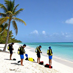 Caribbean Holidays, November Diving, Friendly scuba divers preparing equipment beside a tropical beach in Turks and Caicos, with palm trees and clear water