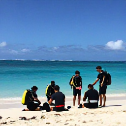 Caribbean Holidays, November Diving, Friendly scuba diving group preparing equipment beside a sunny Dominican Republic beach