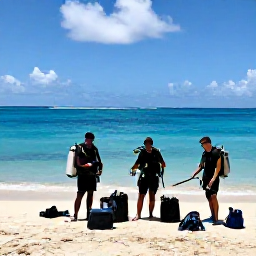 Caribbean Holidays, November Diving, Friendly scuba diving group preparing equipment beside a tropical beach on Saint Kitts