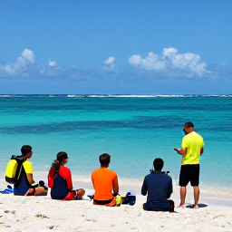 Caribbean Holidays, November Diving, Friendly scuba diving instructor briefing a small group beside a tropical beach in Tobago
