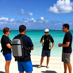 Caribbean Holidays, November Diving, Friendly scuba diving instructor briefing visitors beside a Caribbean beach before a dive