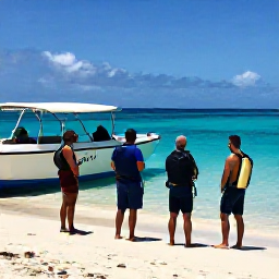 Caribbean Holidays, November Diving, Friendly scuba diving instructors giving a safety briefing beside a boat on a sunny Caribbean beach in Saint Vincent and the Grenadines