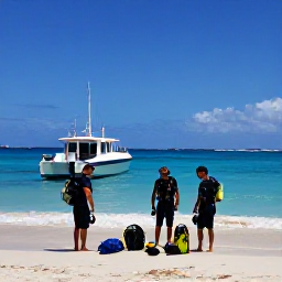 Caribbean Holidays, November Diving, Friendly scuba instructors preparing equipment beside a dive boat on a sunny Caribbean beach in Sint Maarten