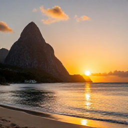 Caribbean Holidays, November Diving, Golden sunset over the Caribbean Sea beside the Pitons in Saint Lucia, with a quiet sandy beach