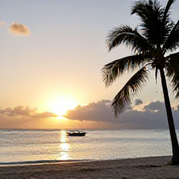 Caribbean Holidays, November Diving, Peaceful Tobago beach at sunset with palm trees, calm sea and a small dive boat offshore