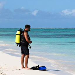 Caribbean Holidays, November Diving, Scuba diver checking a dive mask and fins on a calm Dominican Republic beach before entering the sea