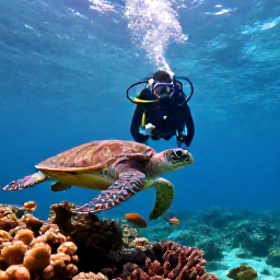 Caribbean Holidays, November Diving, Scuba diver photographing a sea turtle above coral, with tropical fish and blue Caribbean water