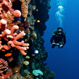 Caribbean Holidays, November Diving, Scuba diver swimming beside a dramatic underwater wall with sponges, corals and tropical fish in the Grenadines