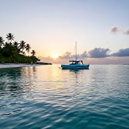 Caribbean Holidays, November Diving, Small Caribbean dive boat leaving a palm-fringed island at sunrise with calm turquoise sea