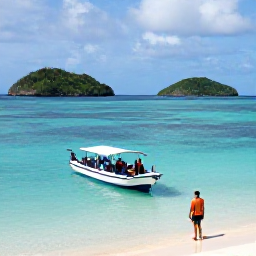 Caribbean Holidays, November Diving, Small dive boat approaching a sheltered tropical bay in the Grenadines, with green islands, calm turquoise water and divers preparing their equipment