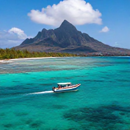 Caribbean Holidays, November Diving, Small dive boat heading towards tropical reefs with Tobago mountains and turquoise sea in the background