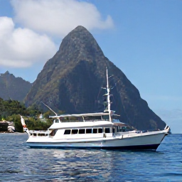 Caribbean Holidays, November Diving, Traditional dive boat travelling along the calm coast of Saint Lucia with the Pitons in the background