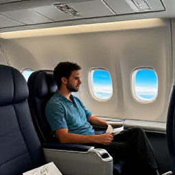 Caribbean Holidays, November Escape, Business class traveller relaxing in a spacious aircraft seat, elegant cabin, tropical holiday atmosphere and soft natural light