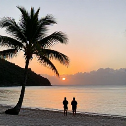 Caribbean Holidays, November Escape, Couple watching sunset from a quiet Caribbean beach in Saint Vincent and the Grenadines, calm sea, warm evening light and palm silhouettes