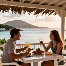 Caribbean Holidays, November Escapes, A couple dining at an open-air restaurant beside the sea in the British Virgin Islands, with fresh seafood, cocktails and warm evening light
