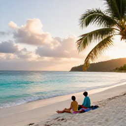 Caribbean Holidays, November Escapes, A couple relaxing on a quiet white-sand beach in the British Virgin Islands in November, with turquoise water, palm trees and soft morning light
