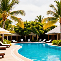 Caribbean Holidays, November Escapes, Adults relaxing beside a quiet Caribbean resort pool in Trinidad and Tobago, tropical greenery, warm November sunshine