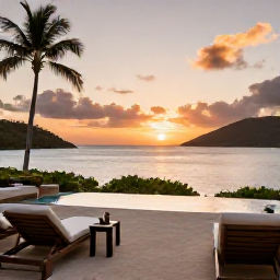 Caribbean Holidays, November Escapes, An elegant adults-only resort terrace overlooking a calm Caribbean bay in the British Virgin Islands, with comfortable loungers and a sunset sky