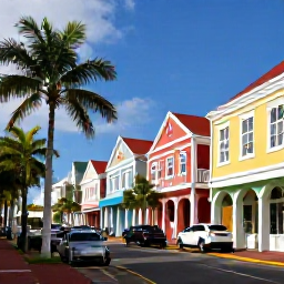 Caribbean Holidays, November Escapes, Colourful Charlotte Amalie street with historic buildings, shops and palm trees on a sunny November day