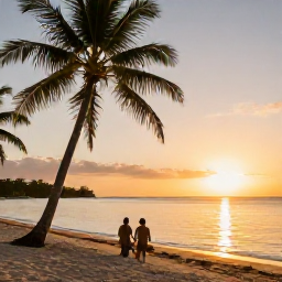 Caribbean Holidays, November Escapes, Couple enjoying a peaceful Caribbean beach at sunset, with palm trees, calm water and warm golden light