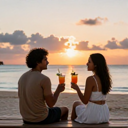 Caribbean Holidays, November Escapes, Couple enjoying a sunset cocktail at an adults-only resort in Tobago, sea view, relaxed Caribbean evening atmosphere