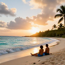 Caribbean Holidays, November Escapes, Couple relaxing on a quiet golden beach at sunset on Saint Kitts, with turquoise water and palm trees