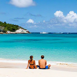 Caribbean Holidays, November Escapes, Couple relaxing on a sandy beach beside clear turquoise water on St Thomas in November