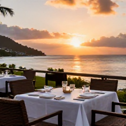 Caribbean Holidays, November Escapes, Elegant adults-only resort restaurant overlooking the sea at sunset in Saint Vincent and the Grenadines