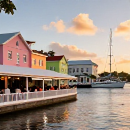 Caribbean Holidays, November Escapes, Elegant Gustavia harbour at sunset with yachts, pastel buildings and diners enjoying an outdoor restaurant