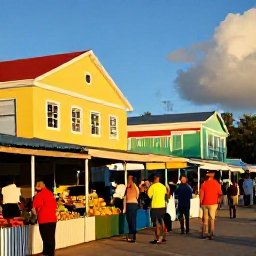 Caribbean Holidays, November Escapes, Friendly Caribbean waterfront market with colourful buildings, fresh fruit stalls and travellers exploring in warm November sunshine