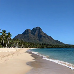 Caribbean Holidays, November Escapes, Golden beach on Nevis with calm turquoise water, palm trees and the volcanic peak rising behind the island