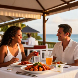 Caribbean Holidays, November Escapes, Open-air Caribbean restaurant on Saint Kitts serving fresh seafood to a couple in the warm evening light