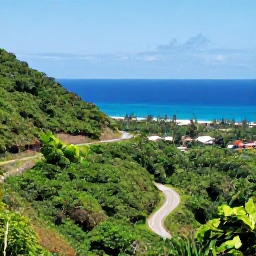 Caribbean Holidays, November Escapes, Scenic rainforest and coastal viewpoint in Tobago, lush hills, winding road and blue Caribbean sea under clear skies