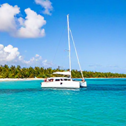 Caribbean Holidays, November Escapes, Small catamaran sailing between green Caribbean islands beneath a bright sky, with travellers relaxing on deck
