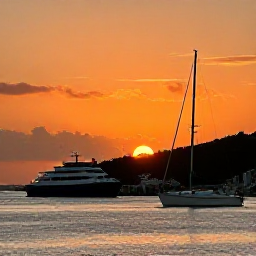 Caribbean Holidays, November Escapes, Sunset over a Caribbean marina with island-hopping ferry and sailing boats, warm orange sky, United States Virgin Islands in November