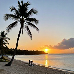Caribbean Holidays, November Escapes, Travellers enjoying a quiet Caribbean beach at sunset on Saint Kitts and Nevis, with warm light, palms and calm water