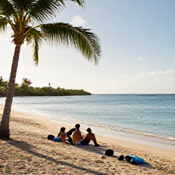 Caribbean Holidays, November Escapes, Travellers relaxing on a sandy Caribbean beach on St John, calm clear water, palm trees and snorkelling equipment, warm November afternoon