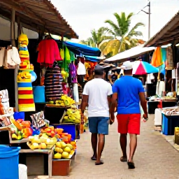 Caribbean Holidays, November Escapes, Two travellers walking through a colourful Caribbean market in Trinidad and Tobago, local fruit, crafts and friendly atmosphere