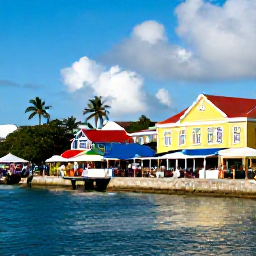 Caribbean Holidays, November Family Holidays, A colourful family-friendly market and waterfront scene in Christiansted, St Croix, with Caribbean buildings and palm trees