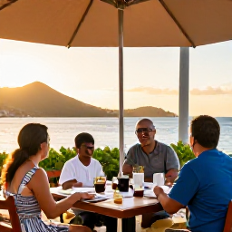 Caribbean Holidays, November Family Holidays, A family dining outdoors at a relaxed Caribbean restaurant at sunset in the United States Virgin Islands