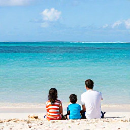 Caribbean Holidays, November Family Holidays, A family relaxing on a bright sandy beach beside calm turquoise water in Turks and Caicos in November
